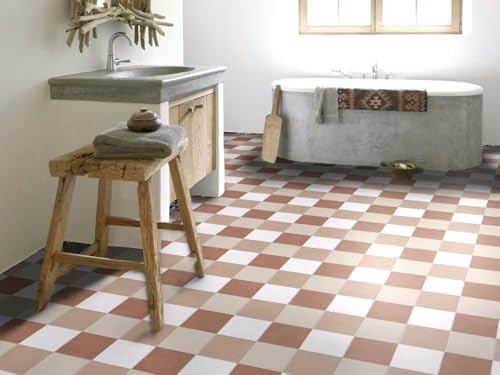 PVC Bodenbelag Vinylboden Terrakotta weiß kariert in warmen Erdtönen, Zuschnitt (2m breit / 1m lang)