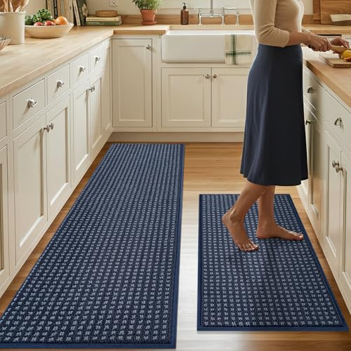 Biscpro Buffalo Plaid Kitchen Rugs Set,43x75+43x150cm,Navy Blue,Non Slip