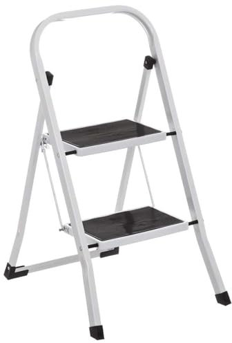 Escalera Plegable 2 Peldaños Profesional | Acero Reforzado Tubo Cuadrado | Peldaños Anchos Antideslizantes 30x20cm | Taburete Compacto para Hogar, Cocina y Oficina | Altura 47cm