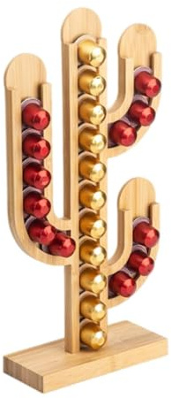 EXAOMBLE Organisateur de Capsules de Café en Bambou Forme Cactus, Porte-capsules Décoratif Fond Plat et Gain de Place pour Bureau ou Salon de Thé