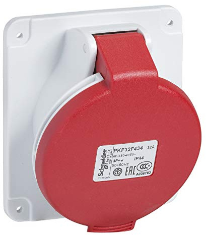 socle de prise inversée - pratika - 32a - ip44 - 380v - 3p+n+t - schneider electric pkf32f435