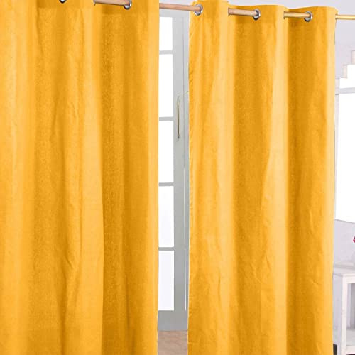 Homescapes 2er Set eifarbige Ösen Gardinen je B117 x L137 cm aus 100% Baumwolle, blickdichte Vorhänge/Dekoschals/Ösenvorhänge für Wohnzimmer oder Küche, senfgelb