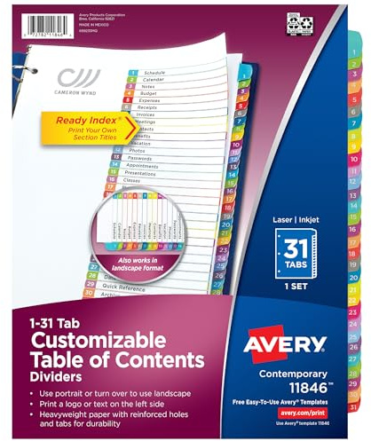 Avery 1-31 Dividers for 3 Ring Binders, 31 Tabs per Set, Customizable Table of Contents, Multicolor Arched Tabs, Great for Organizing Reports, Projects, and More (11846)