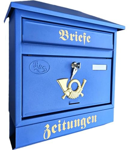 Großer Briefkasten/Postkasten XXL Blau Matt RAL 5005 mit Zeitungsrolle Zeitungsfach Schrägdach Trapezdach Wandmontage