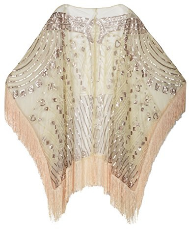 PrettyGuide Damen Schal Abendkleid Perlen 20er Jahre Fransen Übergroß Stola Champagner Beige