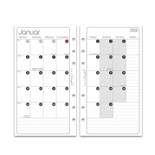 SinnWunder® Premium Kalendereinlagen 2026 – teilbarer Monatskalender mit 1 Monat auf 4 Seiten – Plus Notizen – Größe Personal (9,6 x 17,2 cm)