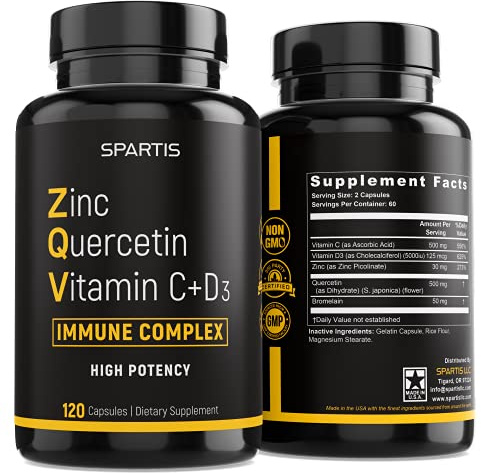 Zinc Quercetin 500mg with Vitamin C Vitamin D3 Bromelain Immune Support High Potency Quercetin Zinc Supplement ZQV by SPARTIS (Pack of 1 Bottle at 120-Caps)