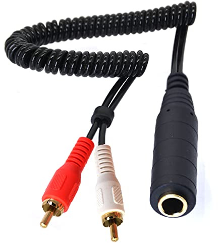 Coiled 6.35mm to 2 RCA Y Splitter Cable (for audio only) (80cm/2.6ft) | Spring Gold-Plated 6.35mm (1/4 inch) TRS Female to 2 (Dual) RCA Male Stereo Audio Y Splitter Extension Adapter Cable