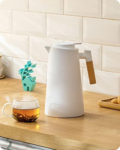Baffect Thermokaraffe, 100 ml, Thermo-Karaffe mit Glaseinsatz und Holzgriff, isolierte Kaffeekaraffe für Kaffee, Tee, heiße oder kalte Getränke (1 Liter, weiß)