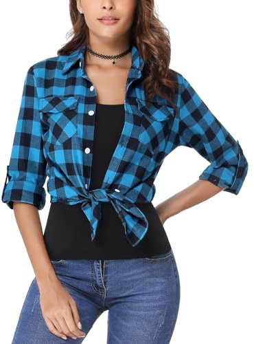 Irevial Camisa de Cuadros Algodón Mujer Camisa Leñador Mujer Blusa Franela de Manga Larga Elegante Básico Shirt Camisa Casual Boyfriend Tops Azul, M