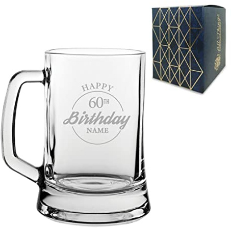 Personalised Engraved Tankard Beer Mug Stein Happy 60th Birthday Circle Design Gift Boxed, 16.75oz/495ml Classic Beer Glass, Any Name, Engraved in The UK