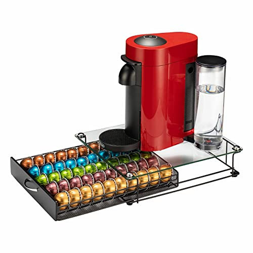 Rice rat Coffee Vertuo Capsule Holder Drawer for Nespresso With Glass For Cabinet Vertuoline Pod Storage Rack For Counter (Class-50 Pods（With handle）)