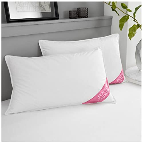 Luxury Goose Feather Down Pillows 2 Pack, Anti Allergenic Bed Pillow, Hypoallergenic Back & Neck Firm Support Pillow, White, 50 X 70Cm
