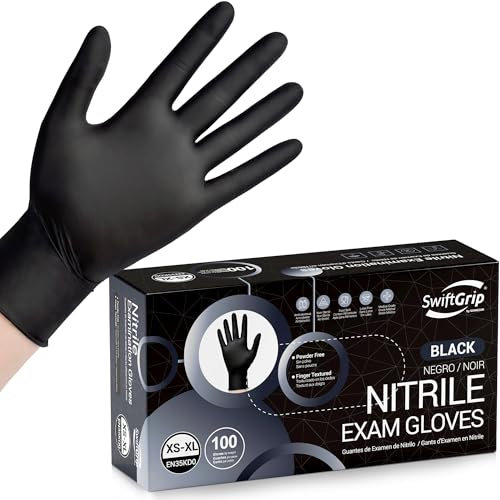SwiftGrip Black Nitrile Disposable Gloves, Medical Grade Rubber Gloves Latex Free & Powder Free for Cooking, Tattoo, Examination, Cleaning, Hair Dyeing, Salon (Box of 100, Large)