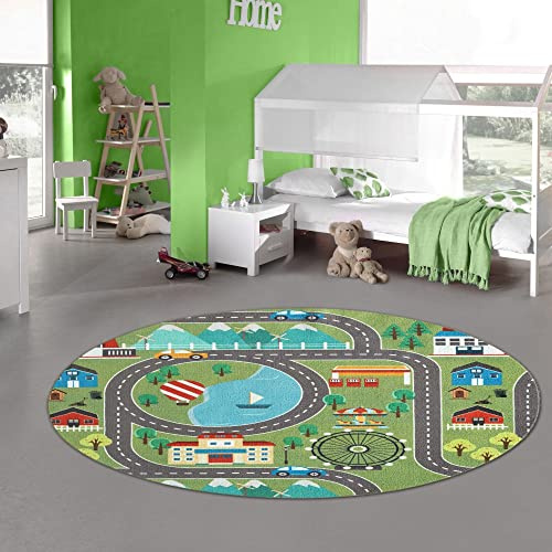 Teppich-Traum Kinder Spielteppich mit Stadtlandschaft auf Wiese in grün Größe 200 cm Rund