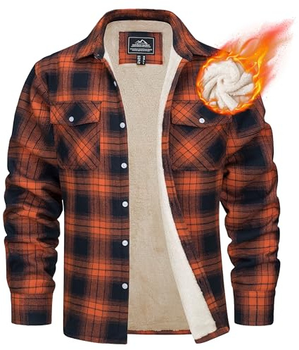 MAGCOMSEN Veste d'hiver pour homme - Doublée - Veste thermique à carreaux - Chemise de loisirs avec plusieurs poches - En coton - Chaude, Orange, M