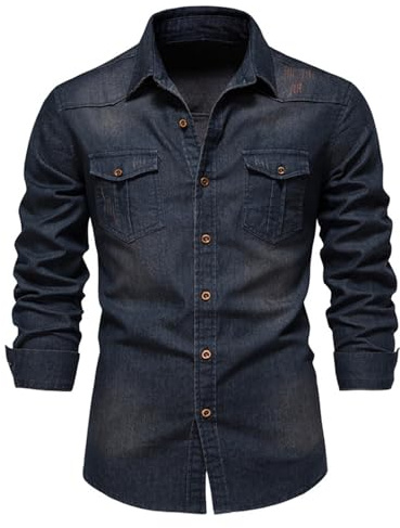 HOTIAN Camisa vaquera para hombre, camisa de manga larga, camisa de ocio, camisa de negocios regular, entallada para hombre, azul marino, S