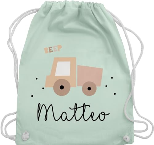 Turnbeutel Rucksack - Bagger - Süßes Baustellenfahrzeug I Baustelle Kipper I LKW - Unisize - Pastell Grün - sportbeutel kita baggerfahrer lastwagen beutel personalisierte kindergarten rucksäcke