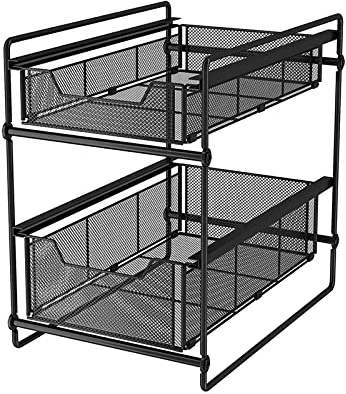 Organisateur de Panier d'armoire coulissante à 2 Niveaux - Organisateur de Rangement en Maille avec tiroirs coulissants - en Acier au Carbone pour Bureau sous l'évier/Noir/L