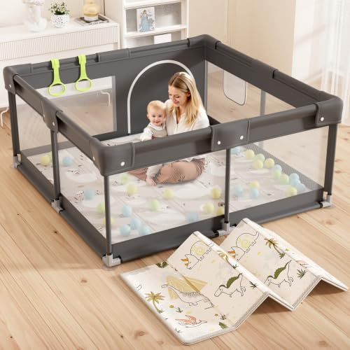 Laufstall Baby mit Matratze, 120×120cm Kleines Laufgitter Baby mit Reißverschlusstür, Laufstall mit Atmungsaktivem Netz an Vier Seiten und Saugnäpfen