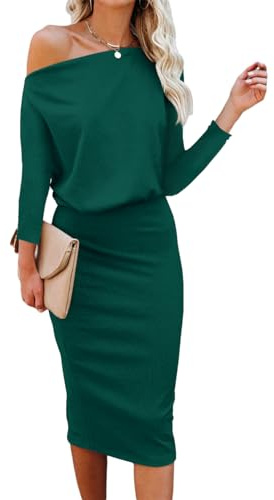 Ezbelle Off The Shoulder Dresses for Women Batwing 3/4 Sleeve HIPS Wrap Bodycon Dress Elegant Party Loose Clubwear Dark Green Medium