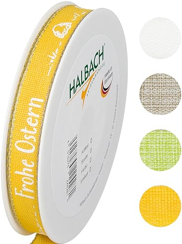 Halbach Geschenkband Frohe Ostern, 15 mm x 20 m, gelb/weiß | Druckband mit Leinenkanten, Made in Germany, Öko-Tex 100 zertifiziert und waschbar zum dekorieren an Ostern