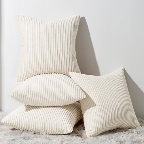 Topfinel 4er Set Samt Kissenbezug Kissenhülle Kopfkissenbezug Dekorative Dekokissen Couchkissen Deko Bezug Sofakissenbezug für Wohnzimmer Schlafzimmer Büro 40x40 cm,Cord-Creme
