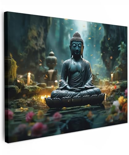 MuchoWow© Bild auf Leinwand Schlafzimmer Bilder Badezimmer Wand Deko | 40x30 cm - Wohnzimmer Modern Wanddeko Bilderwand Geschenk Buddha - Statue - Zen - Kunst