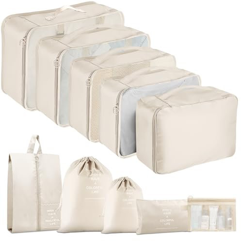 MOFELON Koffer Organizer Set, 10 Stück Packing Cubes, Kofferorganizer Packtaschen Set, Travel Packwürfel mit Kleidertaschen Schuhbeutel, Reise Gadgets-Beige