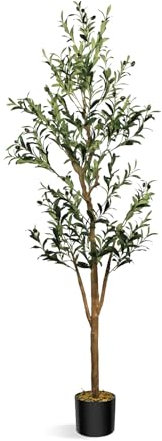 PlusFive 6FT Olive Tree Artificial, Faux Olive Tree with Natural Wood Trunk & Lifelike Olivesfruits, Large Artificial Plants Indoors for Home Living Room Balcony Corner Office Decor Housewarming Gift