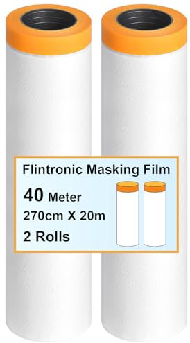 flintronic 2 x Abdeckfolie mit Klebeband, 270cm x 20m Selbstklebende Malerfolie Malerband, Zum Schutz von Autos Wänden Staub & Spritzschutz, für Innen Selbstklebende Malerfolie mit Klebeband