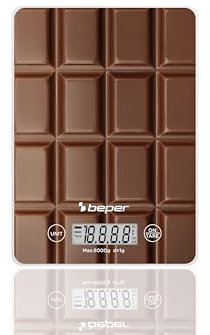 BEPER P102BIL002 Bilancia digitale, Piatto in vetro temperato, Bilancia da cucina con display LCD e tasti touch, Funzione tara, Portata massima 5kg, Spegnimento automatico, Fantasia Cioccolato