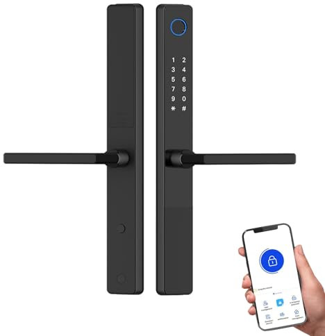 Weatherproof Smart Door Lock With Handle - Fingerprint Keyless Security Entry, Digital Code for Aluminum Wooden Doors - Bluetooth Electronic Deadbolt, APP Control, Black