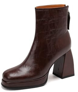 TinaCus Botines de piel auténtica con puntera cuadrada para mujer, hechos a mano, tacones altos y gruesos, con cremallera y plataforma, Marrón, 8 US