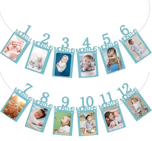 1st Geburtstag Foto Banner für Baby von Neugeborenen bis 12 Monate, Blau Erster Geburtstag Dekorationen Junge oder Mädchen monatliche Meilensteine Girlande (Blue)