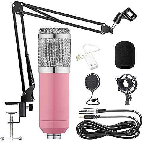 CWCQGH condenser mic Kit Mic Set gaming mic, Podcast PC Mic to 3.5mm with Adjustable Suspension Scissor Arm, Shock Mount, for Studio RecordingBroadcasting (Pink)