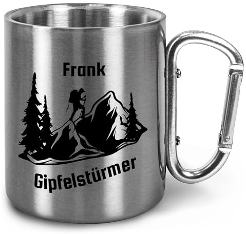Edelstahl-Tasse mit Karabiner ca. 330ml personalisiert „Gipfelstürmer“ Geschenk für Kletterer Bergliebhaber Männer & Frauen - Metall-Becher mit Namen – Outdoor Camping (Silberner Griff, Ohne Deckel)