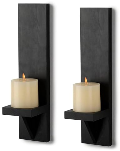 Wall Candle Sconces Set of 2, Rustic Vintage Wooden Wall-Mount Candle Holder, Farmhouse Candle Sconce, Living Room Wall Decor (Black)