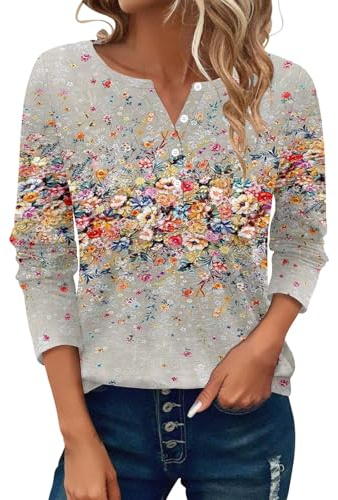 Generisch Tshirt Damen, Blusen & Tuniken Für Damen, Langarm Tshirt Rundhals Mit Knopfleiste Oberteile Sommer Elegant Lässige Langarmshirt Tunika Pullover Sportshirt Locker