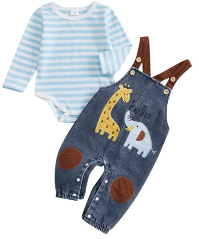 Carolilly spädbarn baby pojkar broderi djur kläder nyfödd baby pojkar långärmad randig sparkdräkt + giraff elefant broderi hängslen byxor set, BLÅ, 3-6 Months