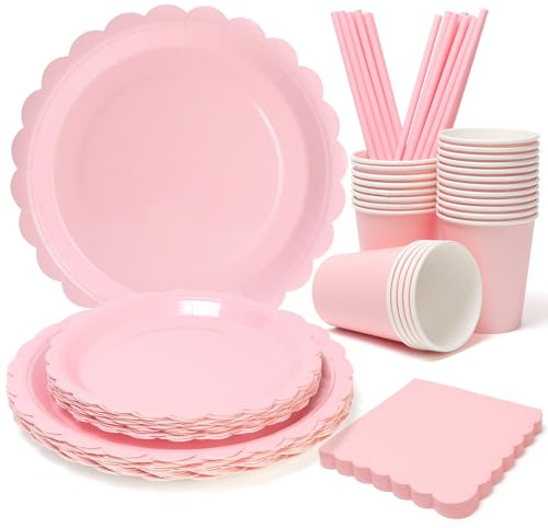 PARTY GO 125Pcs Pink Paper Plates, Party Tablewares Disposable Supplies Pack for Birthday, Baby Shower, Holiday Wedding Valentine Party Decorations