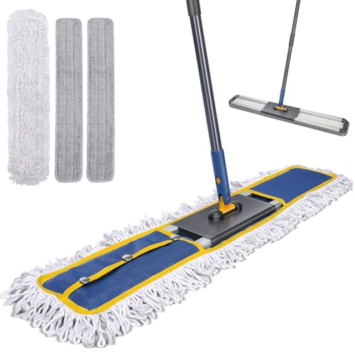 MASTERTOP Large Industrial Mop, 90cm Wide Heavy Duty Flat Mop with Adjustable Handle, Floor Sweeper Mops with 3 Reusable Pads, Wet & Dry Commercial Mops for Warehouse, Office, Mall - Blue