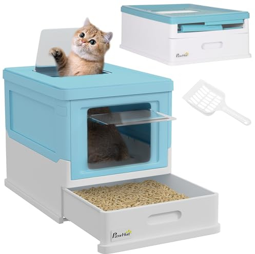 PawHut Lettiera per Gatti Chiusa Pieghevole 47.5x35.5x36.7 cm Azzurro | PP, Paletta Inclusa, Cassetta Igienica per Gatto, Vassoio Estraibile, 2 Porte