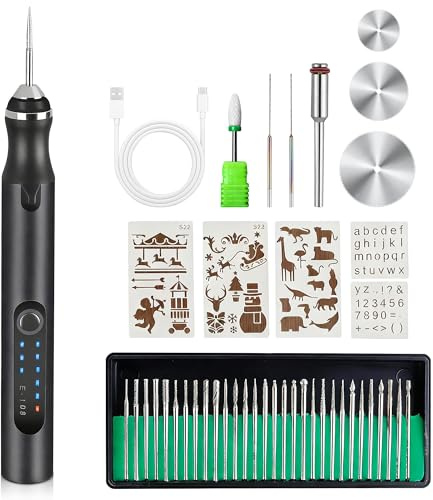 Electric Engraving Pen — USB Rechargeable Cordless Engraving Machine, 30 Bits + Templates & Cutting Discs, DIY Drill Set for Jewelry, Wood, Resin, Glass, Nails