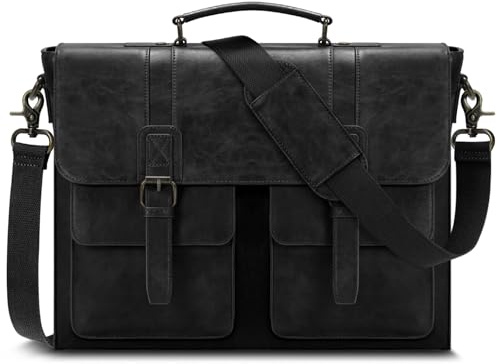 RAINSMORE Aktentasche Herren PU Leder Arbeitstasche Wasserdicht Laptoptasche 15.6 Zoll Messenger Bag Umhängetasche für Business Büro Uni Schwarz