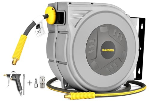 GLAHODEN Avvolgitubo ad aria compressa con pistola a spruzzo, 20 m + 2 m, avvolgitubo compressore d'aria con tubo dell'aria compressa da 9,5 mm e attacco da 1/4, supporto in metallo (massimo 12 bar