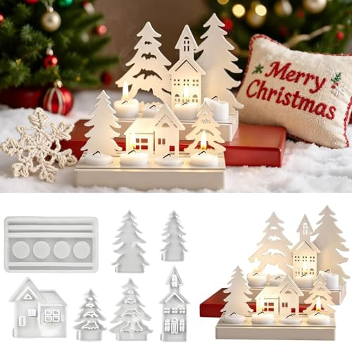 7 Stück Silikonformen Gießformen Weihnachten – Häuser & Tannenbaum Silikonform Set mit Sockel, Kerzenhalter Gießform aus Silikon für Gips, Epoxidharz & Duftkerzen DIY Deko Hausformen