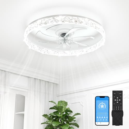 VOLISUN Ceiling Fans with Lights and Remote, 60cm Modern Smart LED Ceiling Fan Light, 6 Speeds and 3000K-6500K Dimmable Quiet Fan Ceiling Lights for Bedroom Living Room Dining Room (White)