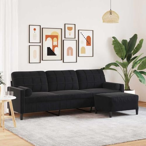 sephironlbb 3-Sitzer-Sofa mit Hocker Schwarz Samt 210 cm Breite, Polstergarnitur mit Schaumstofffüllung, Metallgestell, Wohnzimmer Couch mit Ottomane, Relaxfunktion für Lounge und Gästezimmer