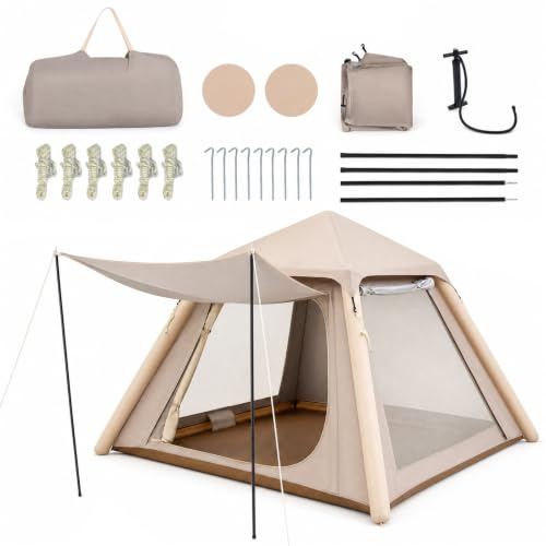 HOMASIS Aufblasbares Campingzelt für 2-4 Personen wasserfestes Luftzelt | mit Pumpe, Türen & Fenstern mit Moskitonetz, Erdspieße, Windseile, abnehmbares Dach & Tragetasche für Glamping & Wandern